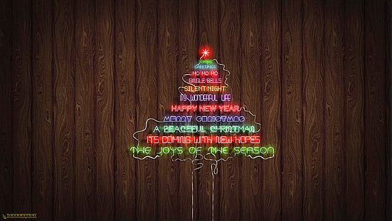 texto Sinalização luminosa da árvore de Natal, Natal, Árvore de Natal, Enfeites de natal, luzes de natal, néon, texto de néon, tipografia, HD papel de parede HD wallpaper