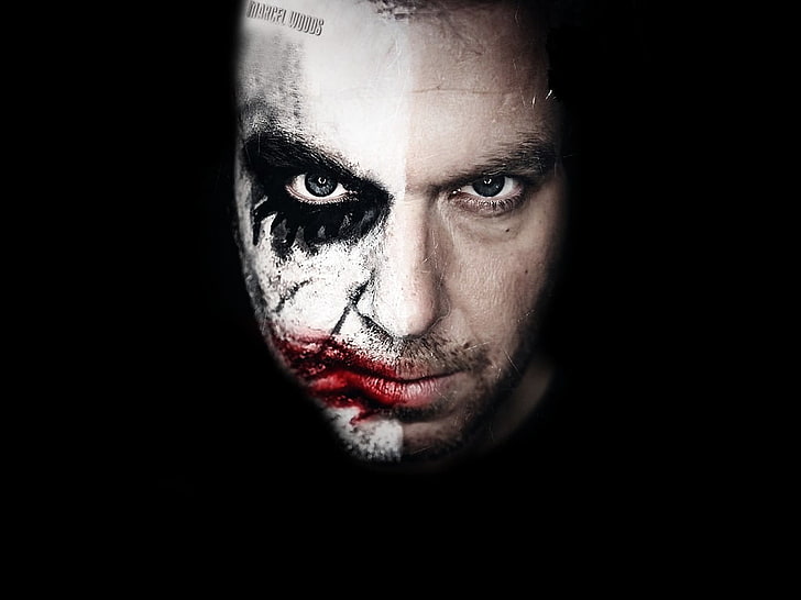 The Joker illustration, photo manipulation, men, Joker, black background, digital art, face, HD wallpaper