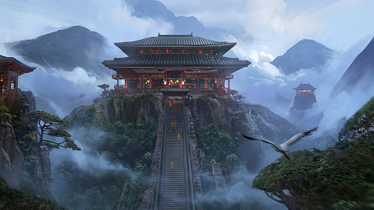 templo, arte de fantasía, obras de arte, paisaje, arte japonés, montañas, Fondo de pantalla HD