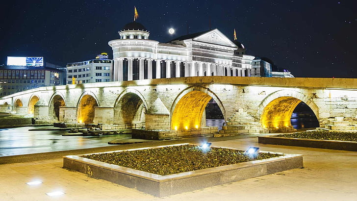 الجسر الحجري القديم والمتحف الأثري لجمهورية مقدونيا ، السماء الصافية والقمر والقمر والقمر خلفية عالية الدقة 1920 × 1080، خلفية HD