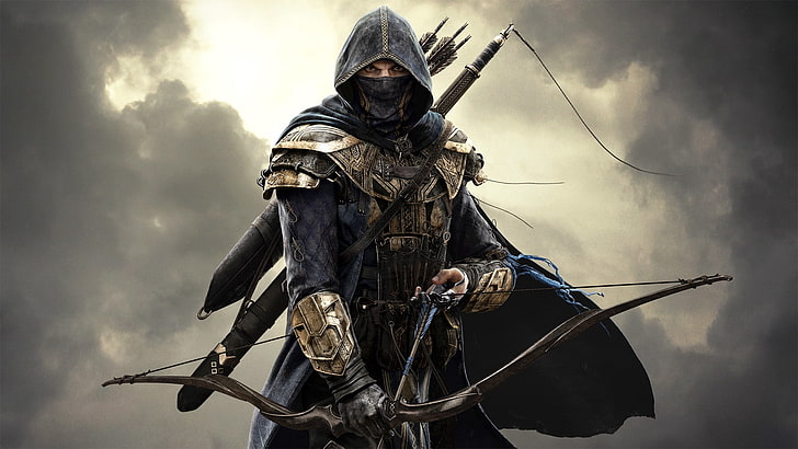 personaggio del gioco con cappuccio blu, pergamena dell'anziano online, spada della notte, guerriero, assassino, Sfondo HD