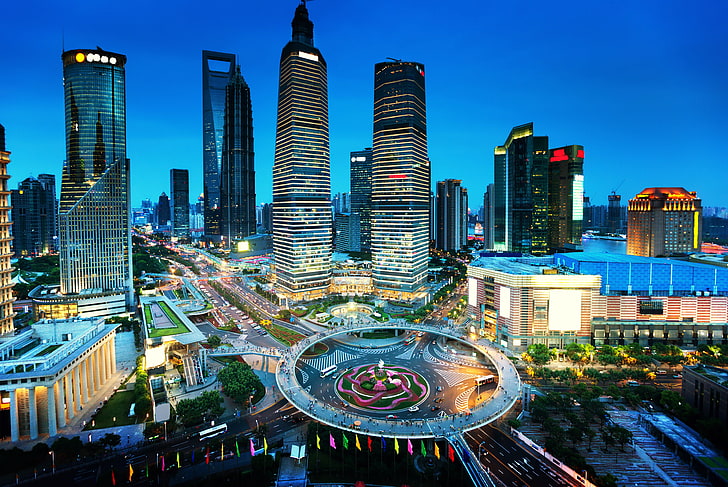 밤, 조명, 도로, 집, 고층 빌딩, 저녁, 중국, 상하이, megapolis, 거리에 도시의 birdseye 사진, HD 배경 화면