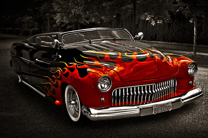 red and black convertible coupe, retro, classic, the front, 1949, Mercury, HD wallpaper