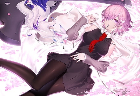 Fate / Grand Order, Mash Kyrielight, capelli corti, capelli viola, occhi viola, collant, abito, letto, petali, cravatta, Sfondo HD HD wallpaper