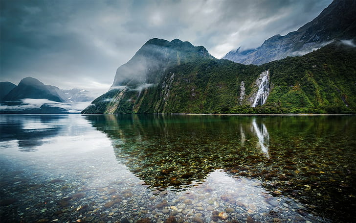 природа, пейзаж, Новая Зеландия, озеро, горы, туман, утро, вода, облака, отражение, трава, HD обои