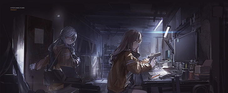 аниме, аниме девушки, длинные волосы, пистолет, оружие, HD обои