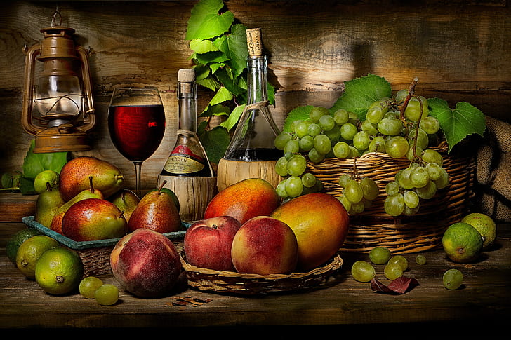 Храна, натюрморт, бутилка, плодове, грозде, манго, круша, вино, HD тапет