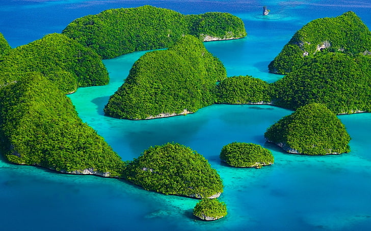plaża, egzotyczny, las, zieleń, Indonezja, wyspa, krajobraz, wapień, natura, morze, lato, tropikalny, turkus, Tapety HD