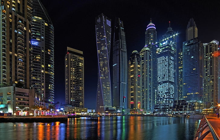 Бэй, Дубай, ночной город, небоскребы, ОАЭ, Дубай Марина, HD обои