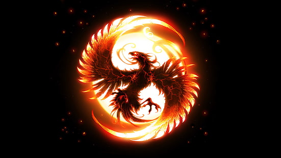 black phoenix illustration, fire, bird, wings, Phoenix, HD wallpaper HD wallpaper