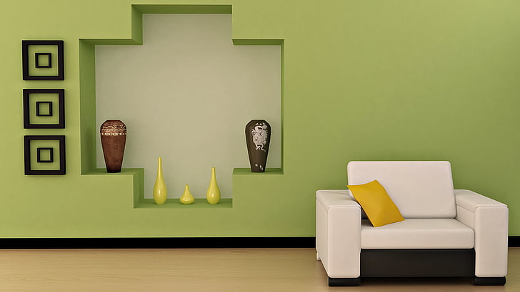canapé en cuir verni blanc, design, style, chambre, intérieur, chaise, oreiller, vase, appartement, Fond d'écran HD