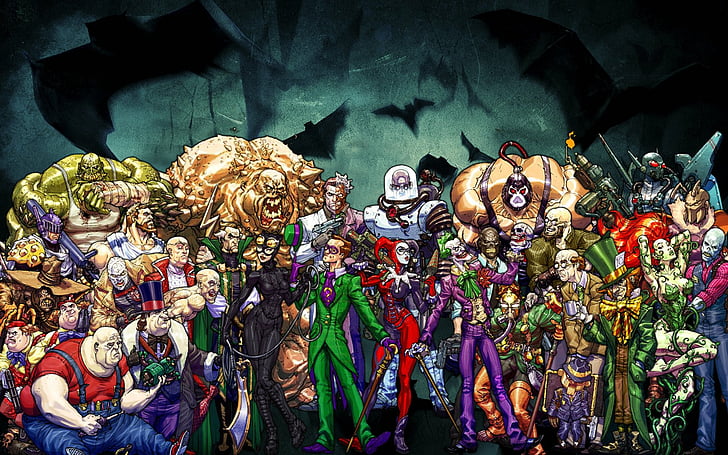 Batman, Bane (DC Comics), Catwoman, Clayface, Harley Quinn, Joker, Mr. Freeze (DC Comics), Poison Ivy, Riddler, Two-Face, HD wallpaper