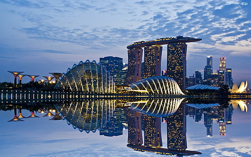 Сингапур Нощни светлини, светлини, вода, Сингапур, нощ, природа и пейзажи, HD тапет HD wallpaper