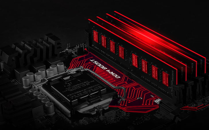 black and red motherboard, PC gaming, motherboards, MSI, computer, technology, RAM (Computing), HD wallpaper
