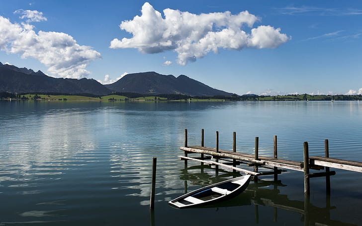 Splendid lake, rowboat near dock on the body of water, nature, 2560x1600, cloud, hill, lake, HD wallpaper