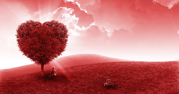 Amor coração, Árvore, Paisagem, Criança, 4K, HD papel de parede HD wallpaper