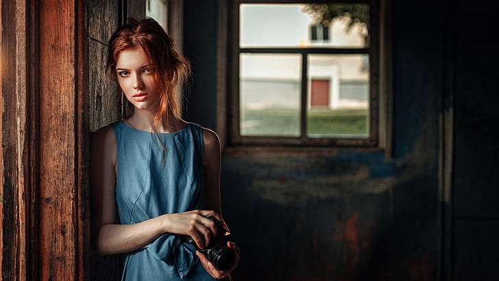 women, redhead, model, thin, camera, looking at viewer, room, depth of field, Georgy Chernyadyev, HD wallpaper