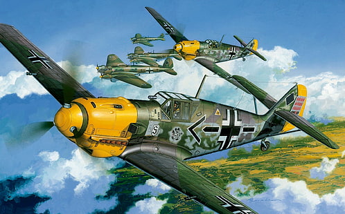 빨간색과 검은 색 왕복 톱, 제 2 차 세계 대전, Messerschmitt, Messerschmitt Bf-109, 루프트 바페, 항공기, 군사, 작품, 군용 항공기, 독일, HD 배경 화면 HD wallpaper