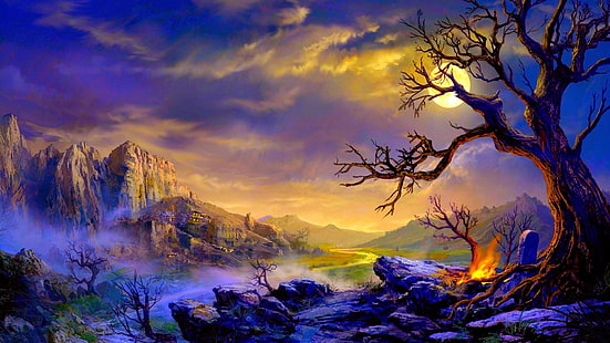 luar, paisagem de fantasia, lua, lua cheia, noite, árvore, HD papel de parede HD wallpaper