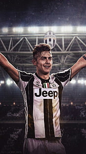 white and black Adidas Jeep soccer jersey, Paulo Dybala, soccer pitches, players, Juventus, HD wallpaper HD wallpaper
