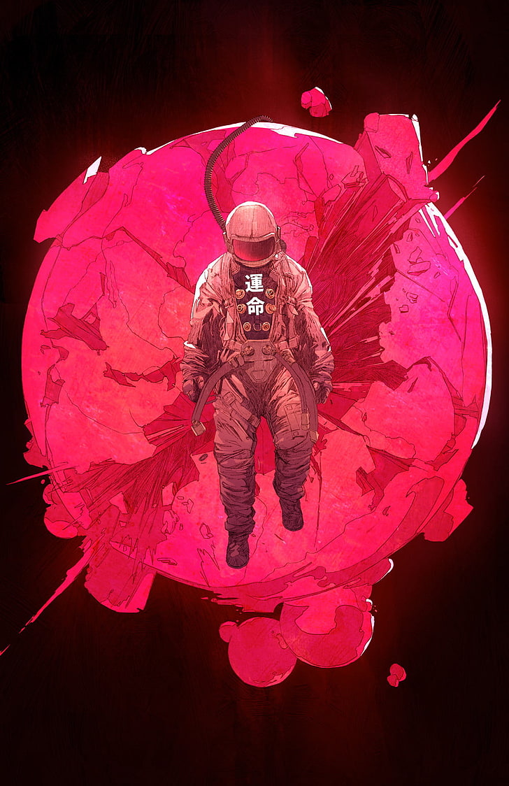 человек в костюме космонавта цифровые обои, Чун Ло, рисунок, космонавт, планета, разрушение, HD обои, телефон обои