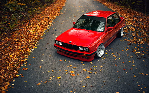 berlina BMW classica rossa, strada, autunno, foglie, BMW, E30, Sfondo HD HD wallpaper