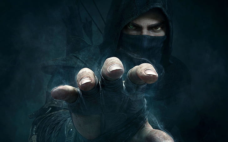 Thief Video Game, mężczyzna w bluzie z kapturem i tapetą z maską, złodziej, Tapety HD