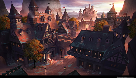 منازل بنية اللون ، مدينة ، فن ، قلعة ، العصور الوسطى ، العصور الوسطى ، مدينة ، لوحة ، مدينة قديمة، خلفية HD HD wallpaper