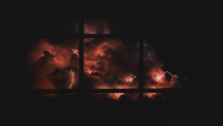 digital art, simple background, clouds, storm, black background, lightning, grid, HD wallpaper