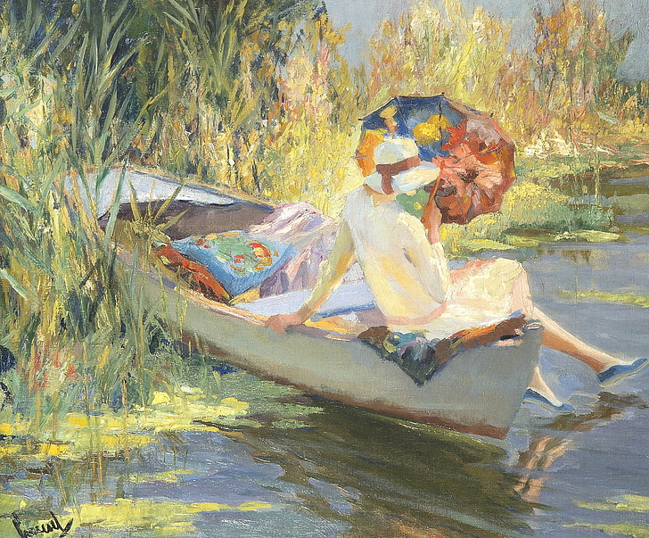 Quiet waters, art, edward cucuel, umbrella, woman, boat, water, painting, summer, pictura, HD wallpaper
