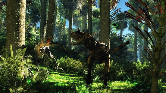 Jurassic Park digital wallpaper, jungle, dinosaurs, dispute, cretaceous age, disagreement, HD wallpaper HD wallpaper