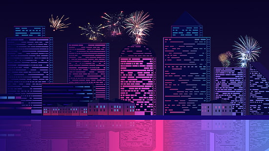 skyscraper, retro, retro art, retrowave, new year, retro wave, reflection, night, skyline, city, 8k uhd, digital art, cityscape, violet, metropolis, purple, neon, neon art, city lights, fireworks, HD wallpaper HD wallpaper