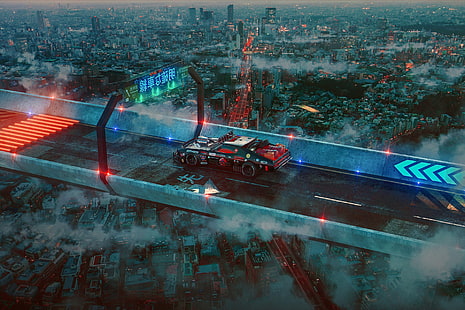 auto, stadt, autobahn, digitale kunst, futuristisch, cyberpunk, HD-Hintergrundbild HD wallpaper