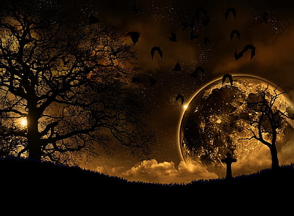 مقبرة ، خلفية شجرة عارية والقمر ، عطلات ، هالوين ، ليل ، أشجار ، بني داكن ، مخيف ، مقبرة ، مخيف ، خفافيش، خلفية HD HD wallpaper