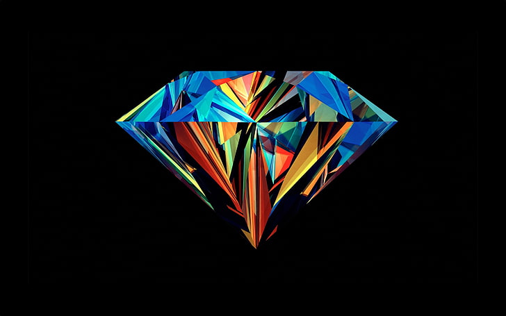 diamante multicolorido, colorido, abstrato, Justin Maller, diamantes, facetas, fundo preto, simples, HD papel de parede