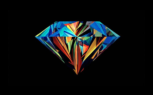 diamante multicolorido, colorido, abstrato, Justin Maller, diamantes, facetas, fundo preto, simples, HD papel de parede HD wallpaper