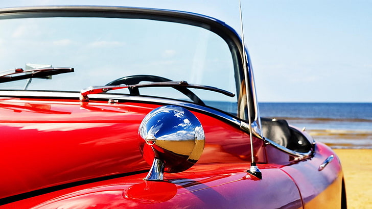 car, jaguar, classic, beautiful, beach, daylight, vibrant, vintage, old, red, HD wallpaper