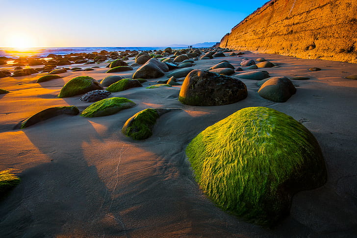 бетонные камни на земле во время заката, Рокки, Закат, бетон, камни, почва, CA, океан, прибой, Вентура, вода, Эмма Вуд Стейт Бич, пляжный песок, морская стена, природа, скалы - Объект, пейзаж, песок, пляж,море, HD обои