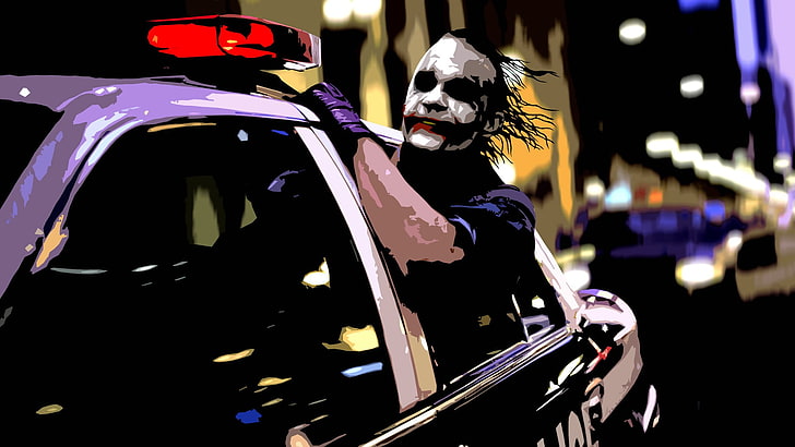Джокер верхом на полицейской машине, иллюстрация, Джокер, Темный рыцарь, Бэтмен, МессенджаМатт, произведение искусства, Хит Леджер, HD обои