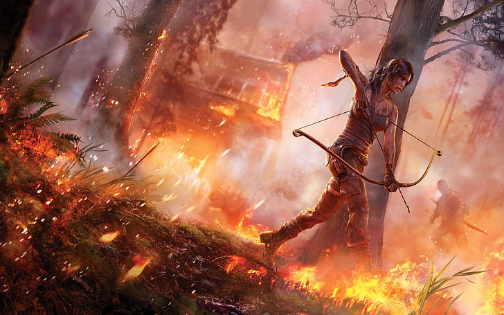 Lara Croft Tomb Raider Yükselişi oyunu dijital duvar kağıdı, yangın, Tomb Raider, tomb raider 2013, Lara Croft, video oyunları, HD masaüstü duvar kağıdı
