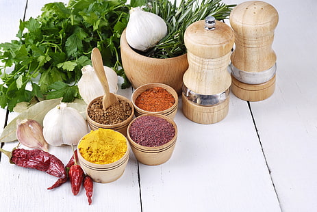  Food, Herbs and Spices, Garlic, Pepper, Spices, Still Life, HD wallpaper HD wallpaper