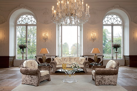 brown floral living room furniture set, living room, hall, chandelier, furniture, vintage, interior, design, HD wallpaper HD wallpaper