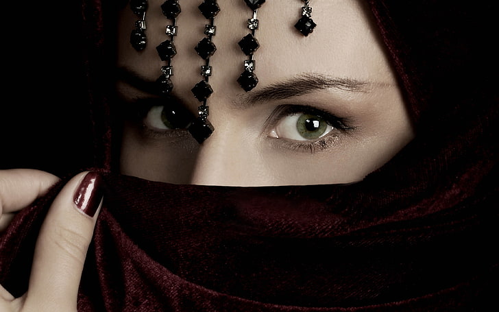 eyes, green eyes, veils, HD wallpaper