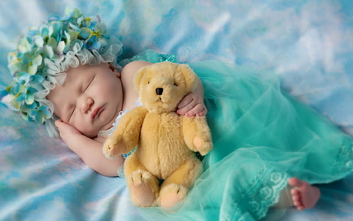 Sleeping, Cute baby, Teddy bear, HD wallpaper HD wallpaper