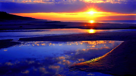 Lever de soleil sur la plage, eau, plage, sable, coucher de soleil, côte, 3d et abstrait, Fond d'écran HD HD wallpaper