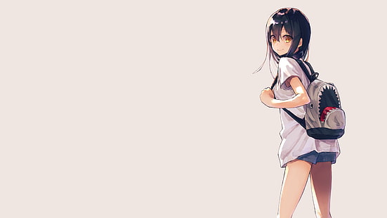 anime, manga, anime girls, fond simple, minimalisme, short, sac à dos, écolière, cheveux noirs, sacs à dos, Fond d'écran HD HD wallpaper