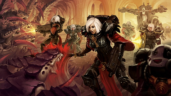 Warhammer, Warhammer 40K, armatura, battaglia, creatura, ragazza, arma, capelli bianchi, donna guerriera, Sfondo HD HD wallpaper