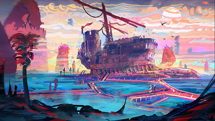 ilustraciones de velero marrón, colorido, abstracto, puente, barco, mar, nubes, Fondo de pantalla HD