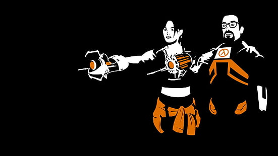Fond d'écran Half Life 2, Half-Life 2, Portal 2, Gordon Freeman, fond noir, vecteur, orange, jeux vidéo, Portal Gun, Gravity Gun, Pulp Fiction (parodie), Fond d'écran HD HD wallpaper