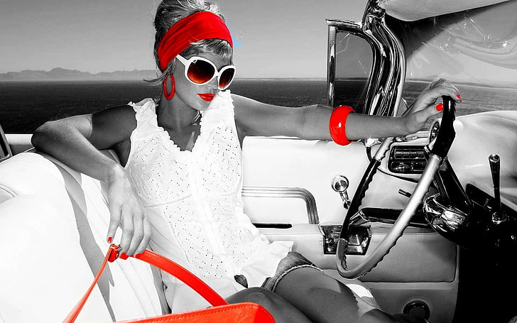 red, white, selective coloring, women with glasses, car interior, model, vehicle, car, women, HD wallpaper
